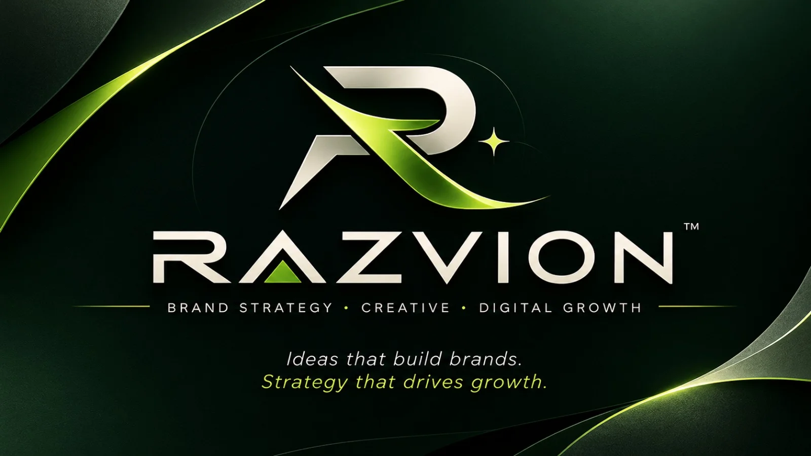 RAZVION brand identity — emblem and wordmark on deep forest green