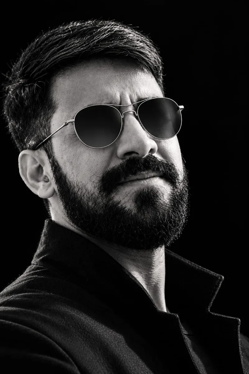 Black and white portrait of Raza Hasnain